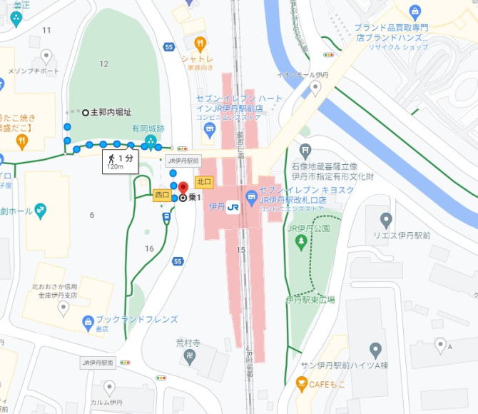 電車で伊丹駅から有岡城址へのアクセスマップ